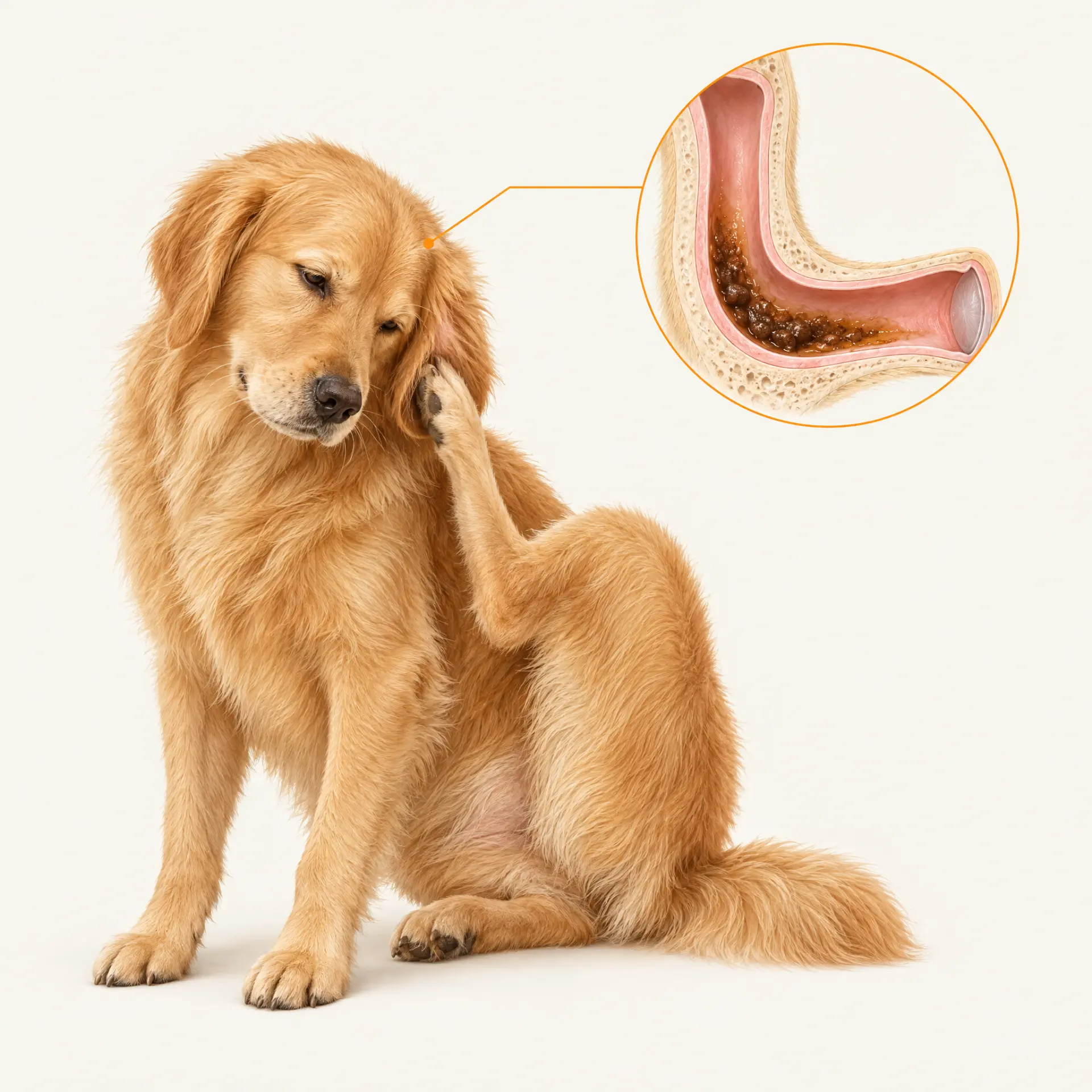 Dog scratching at his ear, with a close-up of the L-shaped ear canal where wax and moisture pool