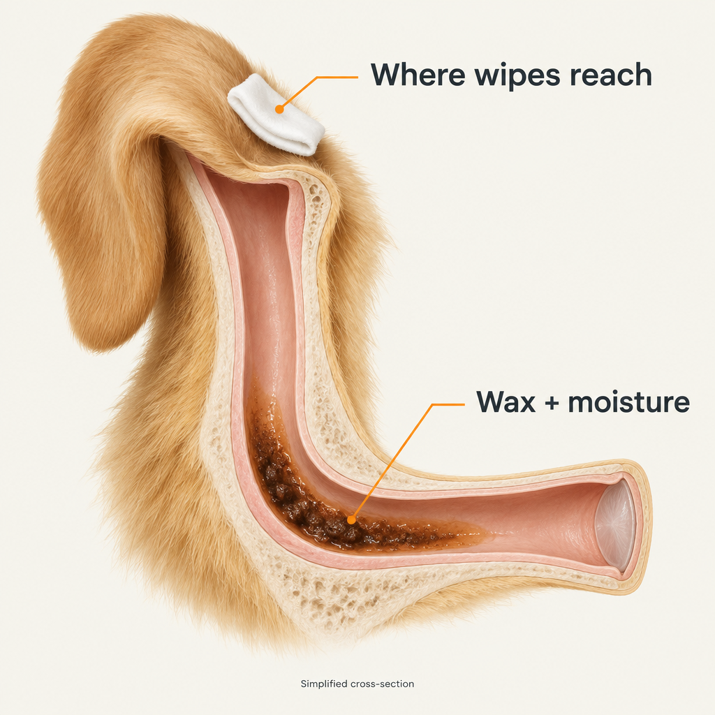 Cross-section of a dog's L-shaped ear canal: wax and moisture pooled past the bend, where wipes stop