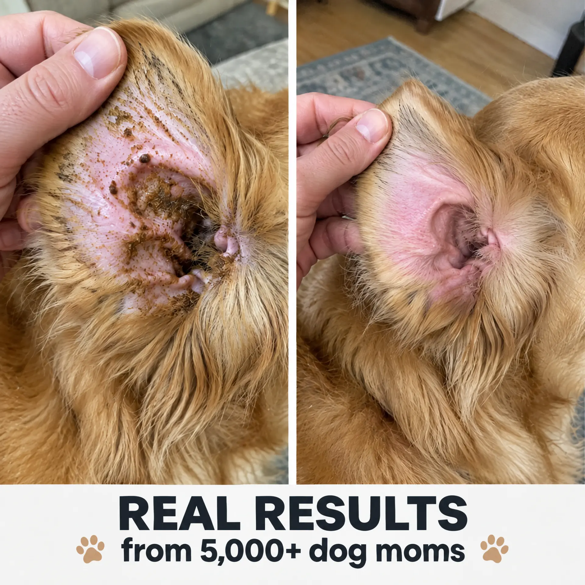 Before and after photos of a dog's ear: wax buildup before cleaning, a clean ear after. Text: Real results from 5,000+ dog moms.